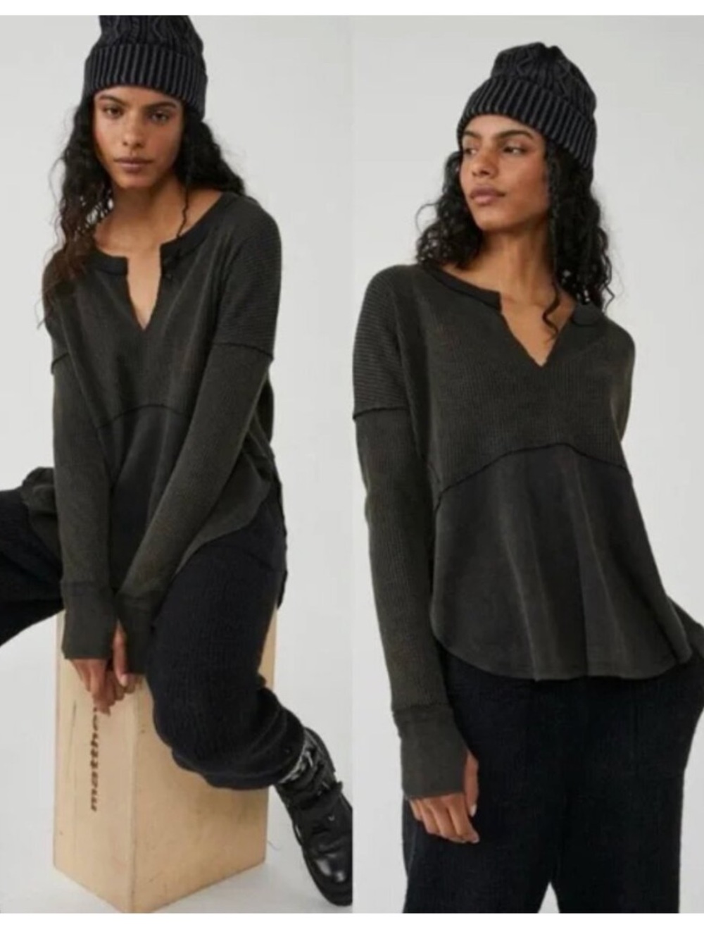 We The Free People Monterey Shirt Waffle Knit Pullover Oversized Large Charcoal